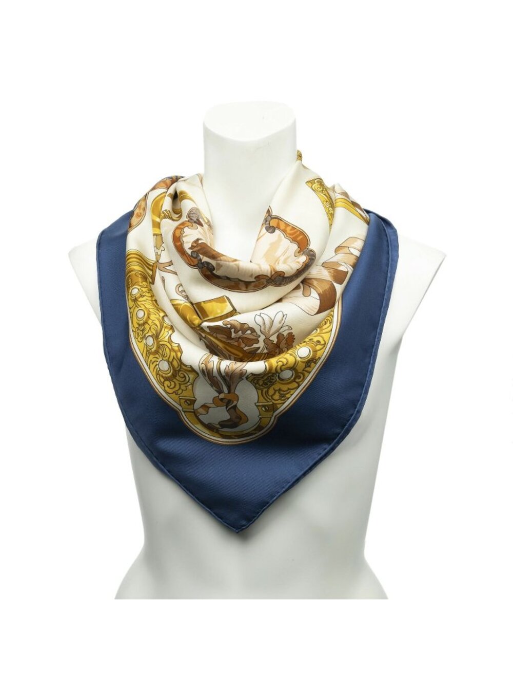 Hermes Scarf Beige Navy Goldtwill Silk